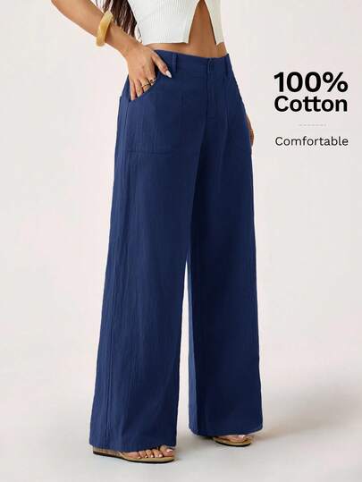 SHEIN PETITE 100% 水洗纯棉低腰直筒裤