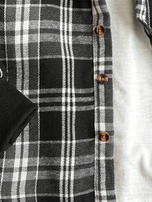 SHEIN 2 件套男童格子连帽夹克和运动裤套装，春秋季幼儿格子男童格子夹克 - 黑色 - 查看 5