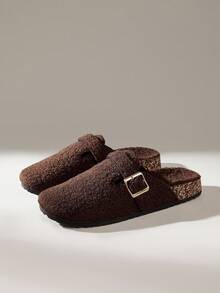 Solecia 女士搭扣设计圆头毛绒拖鞋，圣诞节必备 - 咖啡棕 - 查看 2
