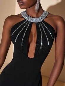 Zivah 秋冬新款优雅派对奢华高贵日常约会生日派对性感高端派对夜店风婚礼季宾客礼服音乐节狂欢季婚礼宾客礼服新娘礼服圆领钻链装饰丝带胸前镂空包臀连衣裙H型裙超长连衣裙晚礼服黑色钻链装饰长裙女士长裙-A - 黑色 - 查看 1