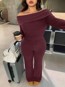 SHEIN EZwear Conjunto Casual Minimalista de 2 Peças com Ombros à Mostra e Canelado em Plus Size - Vinho - Visão 4