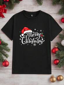 Manfinity Homme Plus Size Men's Christmas Pattern T-Shirt, Christmas Tee, Suitable For Couples And Family Parties - Black - View 1