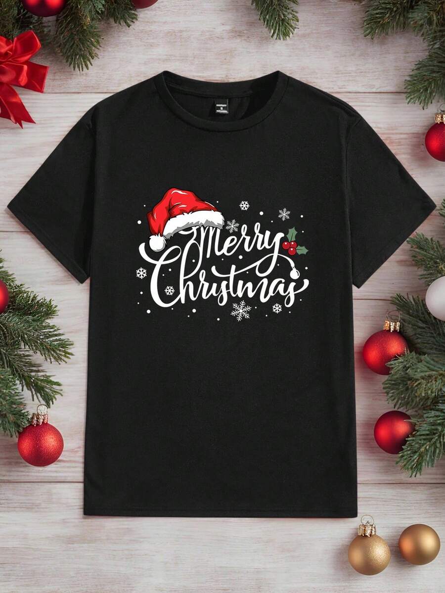 Manfinity Homme Plus Size Men's Christmas Pattern T-Shirt, Christmas Tee, Suitable For Couples And Family Parties - Black - View 1