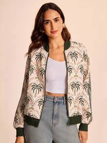 CAJUNI 女士棕榈树印花长袖休闲棒球夹克，秋季 - 黑色 - 查看 4