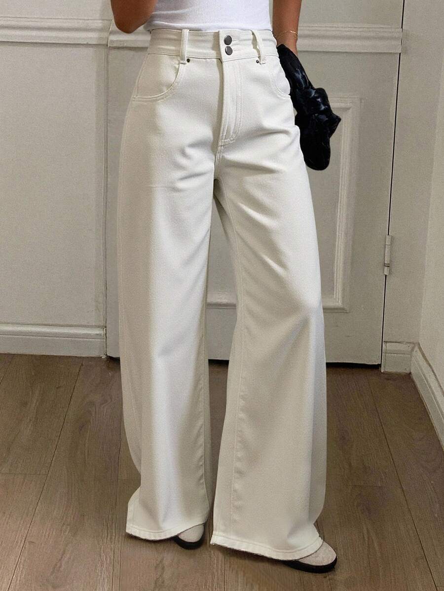 Livesso 女式宽松休闲白色牛仔裤，秋季 - 白色 - 查看 1