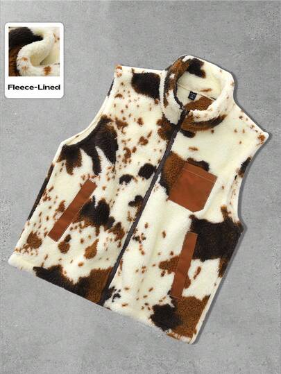 Street Life Men's Casual Cow Print Zip-Up Stand Collar Fleece Vest, Autumn