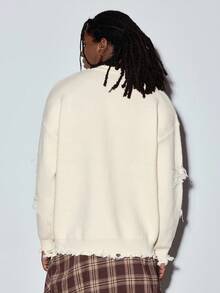 MODCRASH Unisex Casual Loose Fit Knitted Sweater With Letter, Star, Distressed And Tassel Details, Suitable For Spring, Autumn And Winter - Apricot - View 3