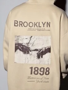 Modcrash 男士布鲁克林主题印花口袋连帽衫，适合秋冬春夏季街头风格 - 杏色 - 查看 7