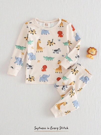 Cozy Pixies Baby Boy Cartoon Animal Print Soft Knit Crew Neck Long Sleeve Top And Elastic Waist Long Pants 2-Piece Snug Fit Pajama Set Dinosaur Pajamas Baby Boy Clothes Dinosaur Baby Pajama Set Baby Pj Set Fall Winter