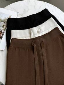 Franclia 全新女式高腰抽绳休闲直筒阔腿裤，保暖内衬厚针织长裤 - 駝色 - 查看 3