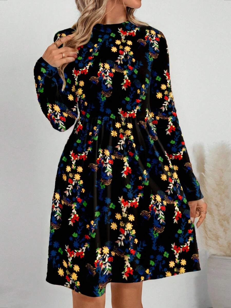 EMERY ROSE Women's Floral Print Long Sleeve Casual Short Dress For Vacation