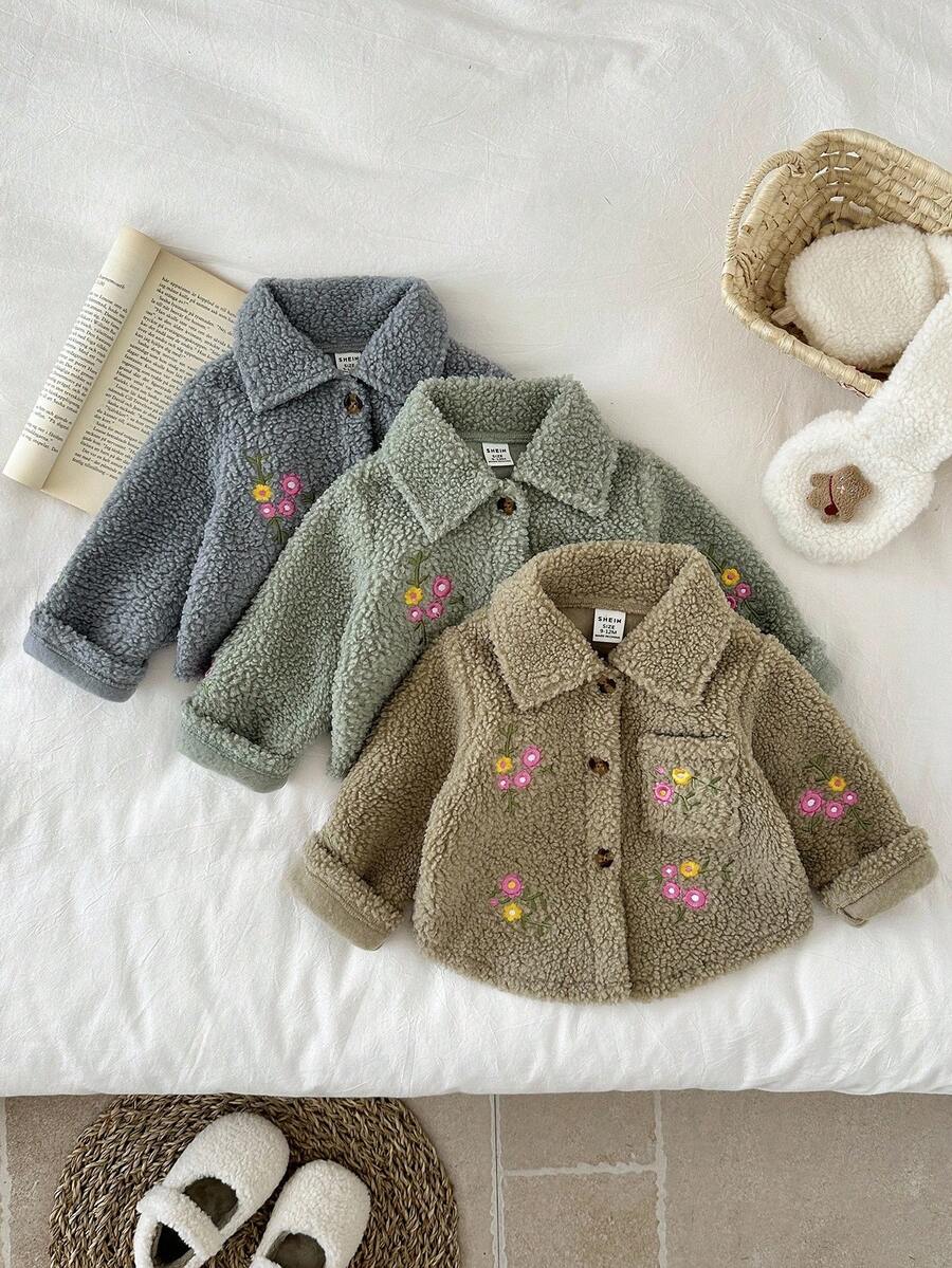 SHEIN 女婴厚羊毛刺绣花领长袖夹克，秋冬 - 灰色 - 查看 1