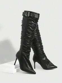 CUCCOO SZL Sepatu bot hak tinggi stiletto ujung runcing wanita, kulit PU hitam dengan hiasan tali lubang, desain berkerut, modis dan nyaman untuk sehari-hari, pesta, dan acara. - Hitam - View 2