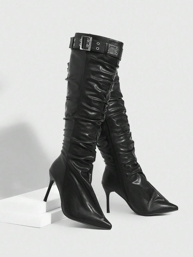 CUCCOO SZL Women's Pointed Toe Stiletto High Heel Boots, Black PU Leather With Eyelet Strap Decor, Wrinkle Design, Fashionable Comfortable For Daily, Party, Event