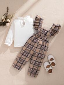 Souflis Souflis 2025秋冬法式复古休闲白色拉绒长袖T恤搭配可爱格纹吊带连体裤，适合女宝宝外出聚会等多种场合 - 白色 - 查看 2