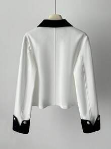 Lyxana Women's Autumn/Winter New Fashion Loose Casual Color Block Short Jacket - Black and White - View 2