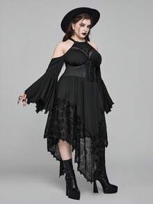 ROMWE Đầm maxi tay loe họa tiết hoa cổ ren viền bất đối xứng phong cách Gothic cỡ lớn, đầm dài thanh lịch tối màu theo phong cách Gothic cỡ lớn cho mùa thu/đông, đầm dài cổ điển sang trọng theo phong cách Gothic cỡ lớn cho phụ nữ mặc trong lễ Halloween, tiệc Giáng sinh - màu đen - Xem 7