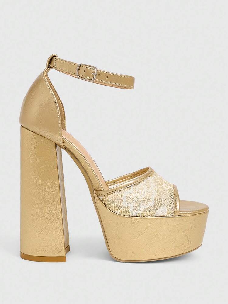 CUCCOO LuxiPop Women's Outdoor Round Toe Thick High Heel Waterproof Platform Shoes, Gold Embroidered Decor, Gold Mesh Material, Fashion Elegant Comfortable Daily Party Banquet Sandals With Buckle Strap