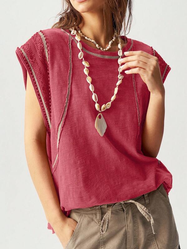 Bohemela Plus Size Casual Loose Solid Color Washed Knit Crew Neck T-Shirt, Summer