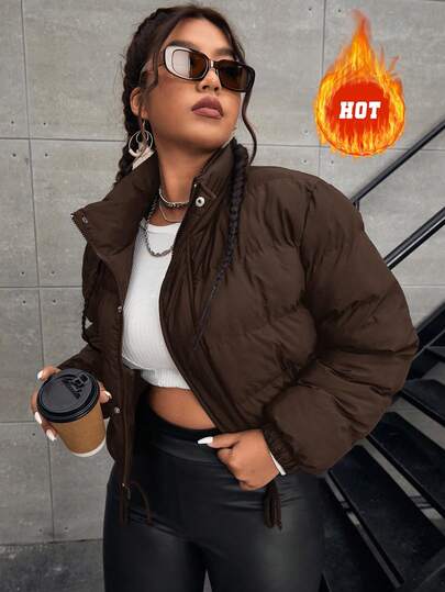 SHEIN EZwear Plus Size Casual Drawstring Hem Short Jacket, Versatile For Autumn/Winter