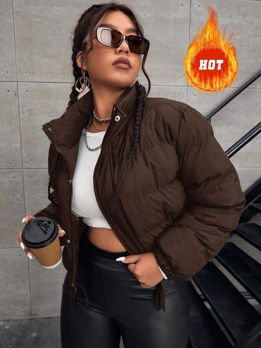 SHEIN EZwear 大码休闲抽绳下摆短款夹克,百搭秋冬 - 棕色 - 查看 1