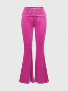 ROMWE Grunge Punk Y2K Velvet Cropped Hoodie And Low-Rise Flare Pants 2 Pieces Set For Women - Baby Pink - View 5