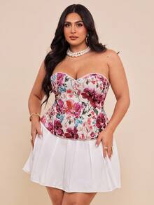 SHEIN BAE Vintage Palast-Stil Damen Große Größen Buntes Blumen Jacquard Bandeau Top mit Knöpfen und Rückenbindung, Strandurlaub, Ausgehoberteil für Damen, Herbst für Damen, Herbst Große Größen Damen, Halloween Kostüm Damen, Winter für Damen, Große Größen Damen, Elegant Damen, Weihnachten, Erntedankfest - Verschiedenfarbig - Übersicht 8