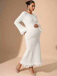 MaterniChic 秋冬孕妇装 孕妇毛衣裙 罗纹针织裙 孕妇白色连衣裙 长款孕妇装 孕妇写真裙 白色长袖连衣裙 新年女装 派对优雅连衣裙 - 白色 - 查看 6