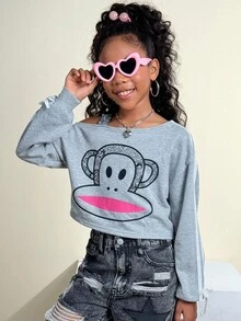 Paul Frank X SHEIN Tween Girls Winter,Vintage Preppy,Streetwear,Co-Branded Items,Cute Monkey Graphics,Grey Asymmetrical Cropped Sweatshirt,Halloween,Christmas Fall - Grey - View 4