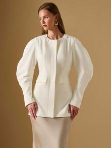 Briarwyn Women's Solid Color Round Neck Long Sleeve Fashionable Elegant Regular Jacket In Fall/Winter,Fall For Women, New Year Old Money Style - Cream - View 2