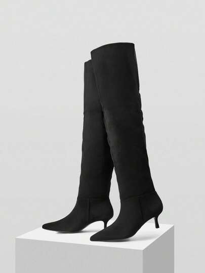 Mnmlis 女士黑色绒面尖头过膝高跟靴，秋冬时尚