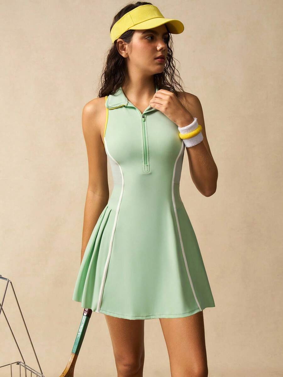 VARSIVA Women's Casual Contrast Trim Zipper Half-Zip Sports Dress Green Tennis Dress