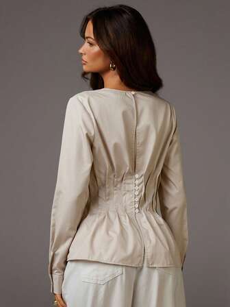 Athîral 女式纯色圆领长袖修身衬衫