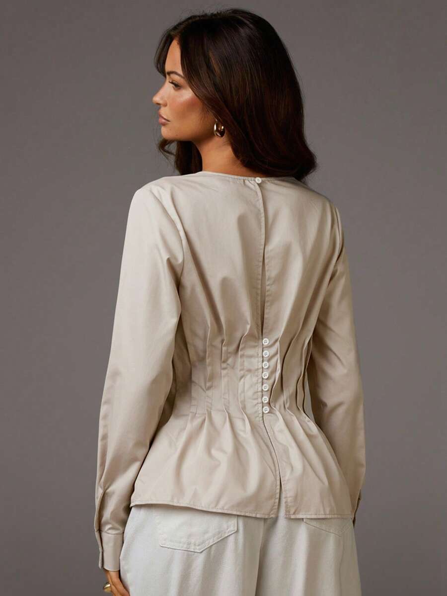 Athîral 女式纯色圆领长袖修身衬衫