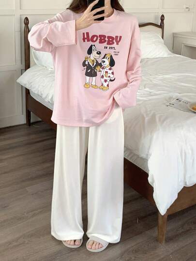 DAZY 卡通狗印花 T 恤上衣和纯色裤子女士睡衣套装，秋季衣服