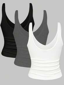 Franclia 3件套修身短款豹纹纯色V领女式吊带背心，夏季 - 彩色 - 查看 2