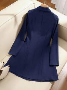 SHEIN Clasi Áo khoác blazer công sở thanh lịch, cổ ve áo trơn màu tay dài, hai hàng khuy, trang phục thu đông cho nữ - Màu xanh hải quân - Xem 2