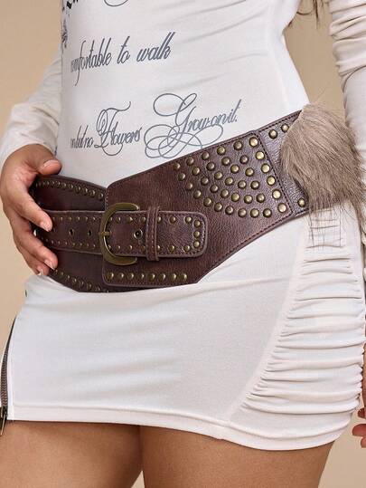 J-Fashion 1pc Women's Brown Furry Decor Western Boho Style Rivet Embellished Wide Waist Belt, Versatile Accessory For Dresses, Jeans