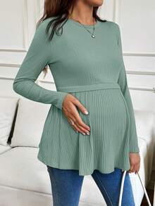 SHEIN Áo thun trơn cổ tròn tay dài dáng rộng cho bà bầu - màu xanh lá - Xem 5