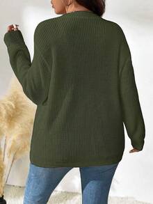 Elenzga Suéter feminino plus size, cor sólida, gola redonda, ombro caído, manga comprida, casual, solto, outono/inverno