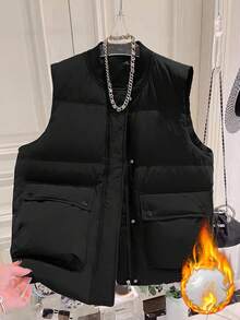 EMERY ROSE Women's Round Neck Big Pocket Padded Vest Jacket - Black - View 1