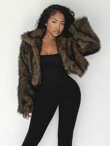 Alexandranx Women's Vintage Style Open Front Faux Fur Collar Coat, Fashionable Outerwear For Winter - Brown - View 1
