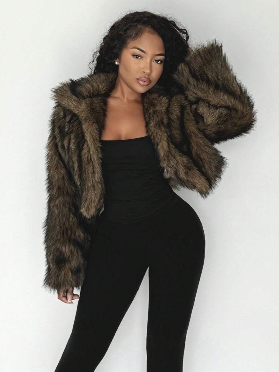 Alexandranx Women's Vintage Style Open Front Faux Fur Collar Coat, Fashionable Outerwear For Winter - Brown - View 1