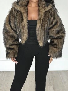 Alexandranx Women's Vintage Style Open Front Faux Fur Collar Coat, Fashionable Outerwear For Winter - Brown - View 3
