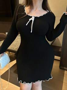 Flirla 大码女式性感修身撞色蝴蝶结针织毛衣裙 - 黑色 - 查看 3