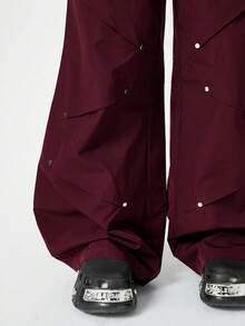 Coolane 女士街头休闲拼布铆钉褶裥裤 - 酒紅色 - 查看 3
