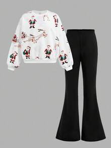 SHEIN Girlism 青少年女孩休闲宽松圆领卡通花朵图案套头长袖运动衫和喇叭裤两件套服装套装，适合秋冬日常穿着 - 黑與白 - 查看 9