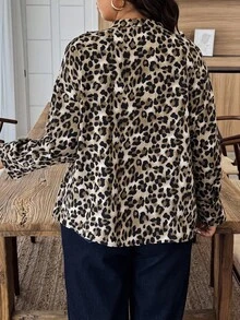 Blusa de moda con estampado de leopardo, parches y volantes en el bajo con lazo delantero para mujer talla grande - Multicolor - Ver 2