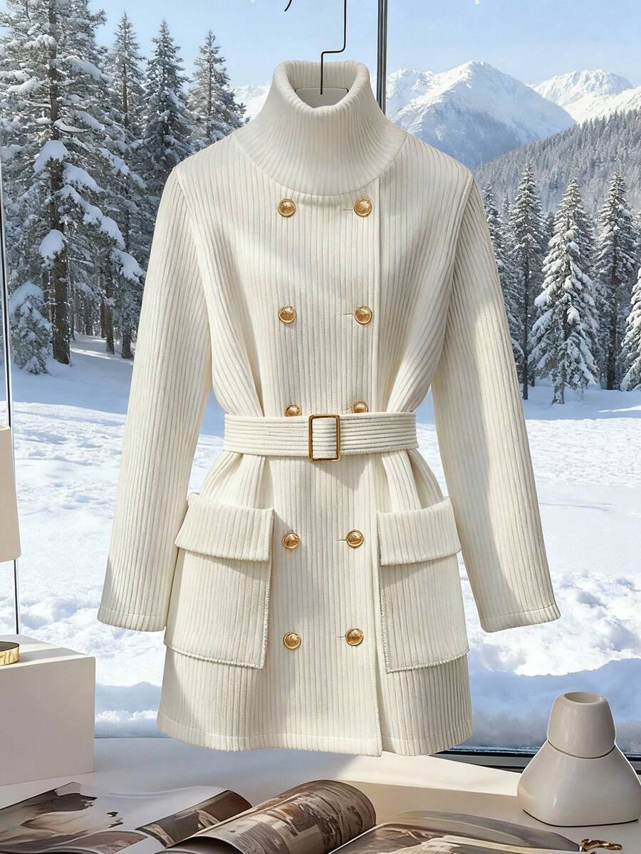 GlowEve Jaket Wanita Polos Kancing Ganda dengan Sabuk dan Kerah Tinggi, Lengan Panjang, Model Reguler - Putih - View 1