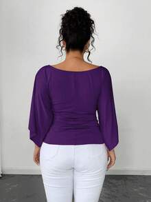 SHEIN Elenzya 大码女式针织高弹力喇叭袖圆领纯色优雅T恤 - 紫色 - 查看 2